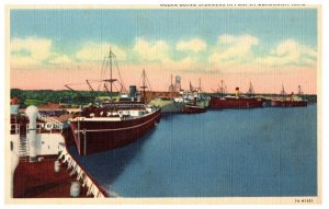 Ocean Going Steamers in Port at Beaumont Texas Linen Ship Postcard