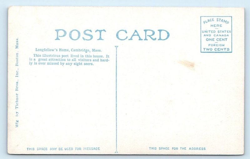 Longfellow's House - Cambridge MASSACHUSETTS Postcard