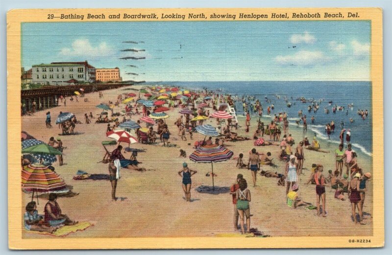 Postcard DE Rehoboth Beach Bathing Beach Boardwalk North View Henlopen Hotel T11