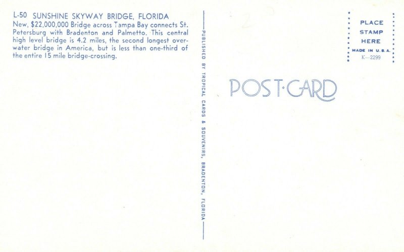 Vintage Postcard Sunshine Skyway Bridge Florida FL Across Tampa Bay Palmetto