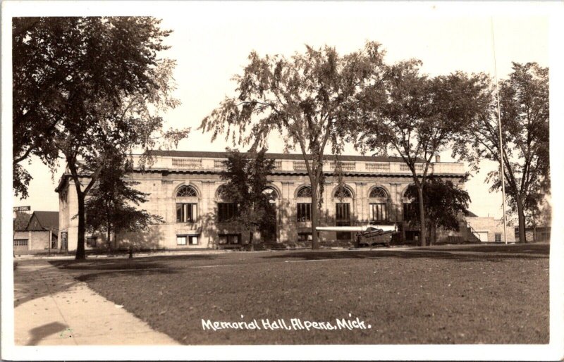 Real Photo Postcard Memorial Hall in Alpena, Michigan 