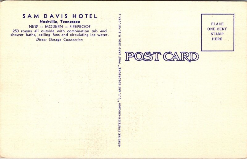 Linen Postcard Sam Davis Hotel 7th Ave at Commerce in Nashville, Tennessee