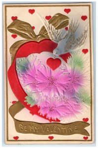 c1910's Valentine Hearts Bird And Flowers Airbrushed Embossed Antique Postcard