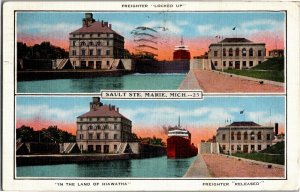 Freighter in Lock, Sault Ste. Marie MI c1941 Vintage Postcard T11