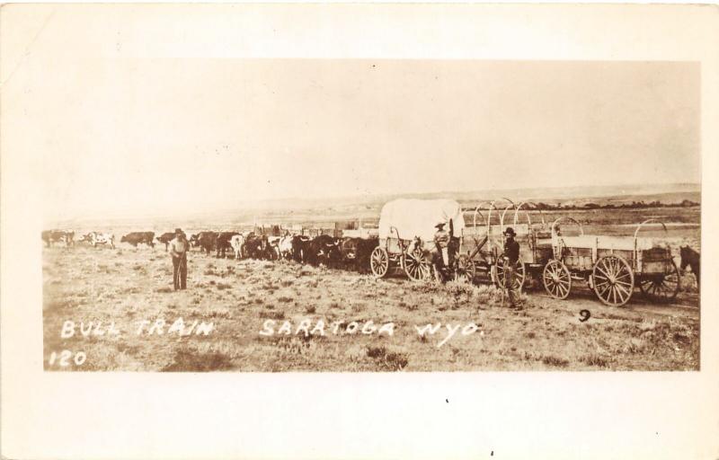 F36/ Saratoga Wyoming Postcard RPPC c1930s Bull Train Wagons