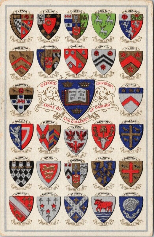 Oxford University Arms Of The Colleges England Unused Postcard F50