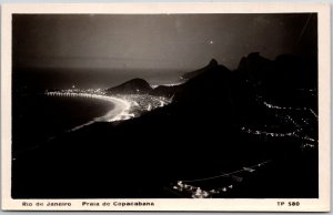 Rio de Janeiro Praia de Copacabana Beach View at Night Real Photo RPPC Postcard