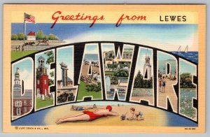1940's-50's GREETINGS FROM LEWES DELAWARE LARGE LETTER LINEN CURT TEICH POSTCARD