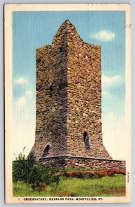 Montpelier Vermont~Observatory @ Hubbard Park~PM 1947~Vintage Linen Postcard