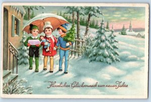 Christmas Postcard Childrens With Gift And Toy Winter Scene c1910's Antique