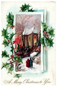 Vintage Christmas Postcard Snowy Church Scene Holly Embossed Unposted