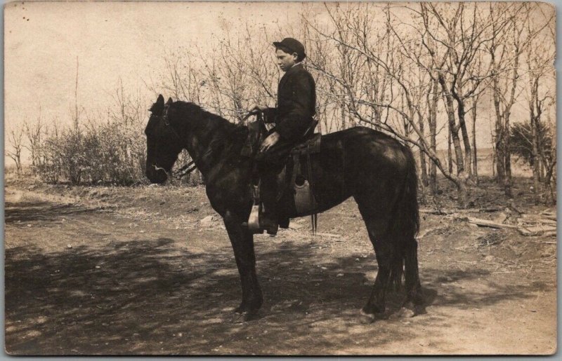 Vintage 1910s RPPC Real Photo Postcard Young Man on Pony / Horse / Farm Scene 