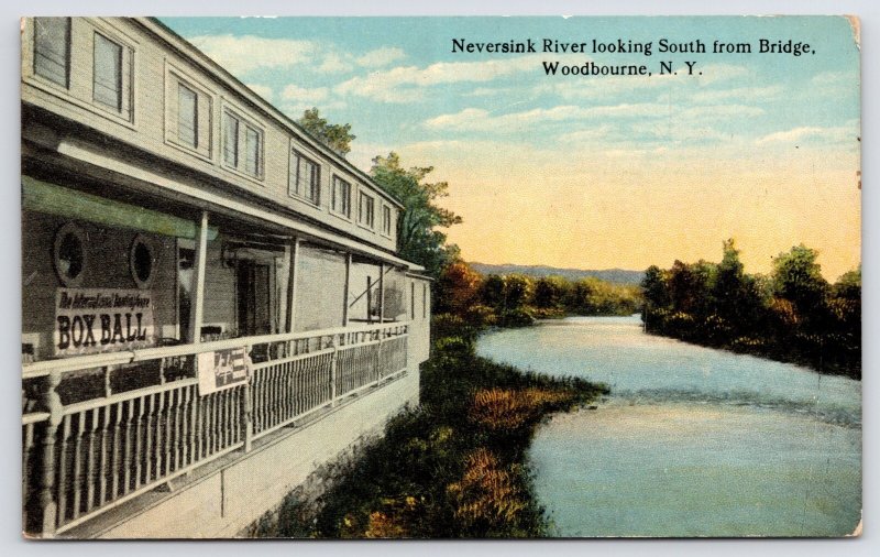 Woodbourne NY Resort on the Neversink River~Box Ball Sign~Indoor Bagatelle Game