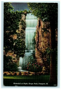 1946 Waterfall at Night, Krape Park, Freeport Illinois IL Antique Postcard