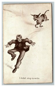 Vintage 1910 Comic Postcard Barking Dog Chases Man - Didn't Stop to Write FUNNY