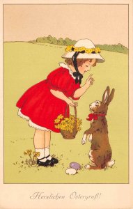 German Easter Greetings Girl with Flowers and Rabbit Vintage Postcard AA74833