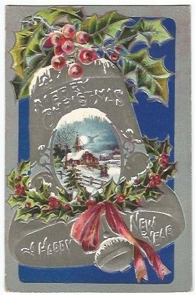 Vintage Postcard A Merry Christmas & Happy New Year Embossed Silver Gild Bell