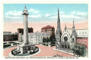 Washington Monument Mt Vernon Place & Mt Vernon ME Church Baltimore MD Postcard