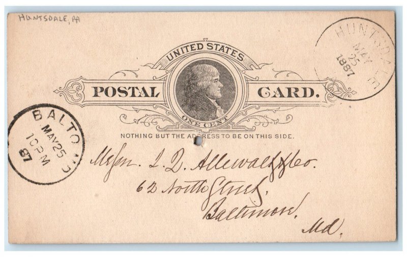 1887 Sinon Snyder Dickimon PA Huntsdale Pennsylvania PA Baltimore MD Postal Card