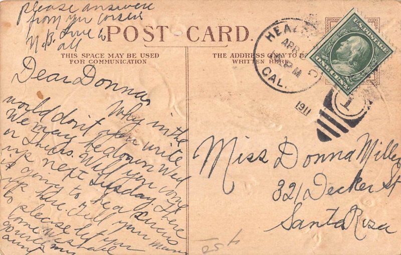 Easter Greetings Humanized Rabbit Eggs Pussy Willow 1911 embossed postcard B922