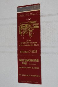 Williamsburg Inn Restaurant Colonial Corners CA 20 Strike Matchbook Cover