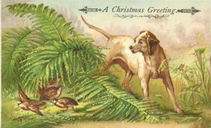 1880s-90s Embossed Hunting Dogs Christmas Card Silk Fringe Quail Rabbits SP5