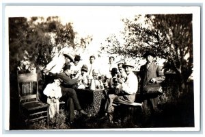 c1910's Men Drinking Beer Backyard Picnic Little Boy RPPC Photo Antique Postcard