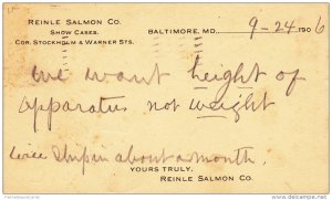 Request for Information, Reinle Salmon Co. Show Cases, Baltimore, Maryland 1906