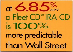 CONTINENTAL SIZE POSTCARD ADVERTISING RACK CARD - FLEET CD IRA INTEREST PROMO