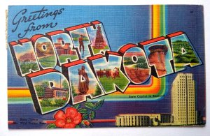 Greetings From North Dakota Large Big Letter Linen Postcard Hafstrom 1945