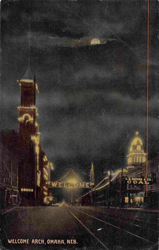 Electric Light Welcome Arch at Night Street Scene Omaha Nebraska 1913 postcard