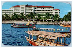 Manila Philippines Postcard Pasig River Sightseeing Boats Manila Hotel c1950's