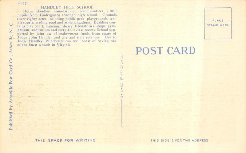 WINCHESTER, VA Virginia  HANDLEY HIGH SCHOOL~Night View  c1940's Linen Postcard