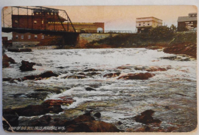 View of Big Bull Falls, Wausau, WI -  postmark 1910