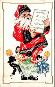 Embossed Christmas Postcard Children Dancing Around Santa Claus