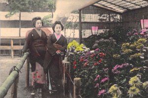 c.'06 Early Japanese Art , Two  Beautiful Girls Looking at Flowers, Old Postcard