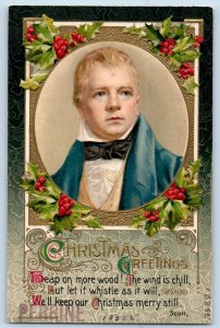John Winsch Signed Artist Postcard Christmas Greetings Scott Holly Berries 1912