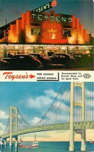 Autos Michigan 1940s Night Neon Teysen's Restaurants Postcard Colorpicture 7834