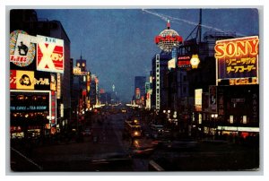 Vintage 1960's Postcard Crowded City Center Billboards Night Giza Tokyo Japan