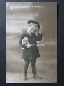 Greetings For Your Birthday SMALL CHILD WITH CARD & ROSES Hand Tinted RP Old PC