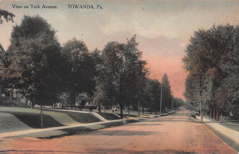 View on York Ave., Towanda, Pennsylvania, Early Hand Colored Postcard, Unused