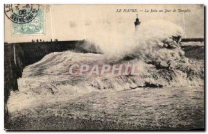 Old Postcard Le Havre La Jetee a Storm Lighthouse Day