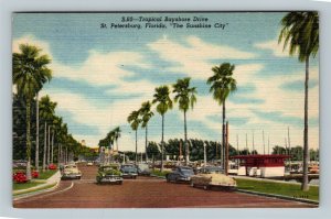 St Petersburg FL, Automobiles On Bayshore Drive, Linen Florida Postcard