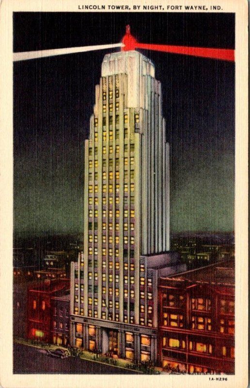 Fort Wayne, IN Indiana  LINCOLN TOWER Night Lights  ca1940's Linen Postcard