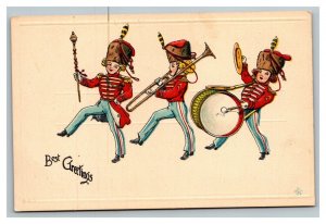 Vintage 1910's Greetings Postcard Cute Children in Marching Band Red Uniforms