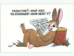 Unused Pre-1980 comic HUMANIZED BUNNY RABBIT READING NEWSPAPER k3422