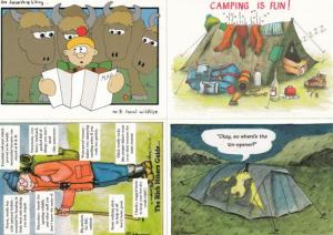 4 Camping Bulls Map Comic Humour Postcard Bundle