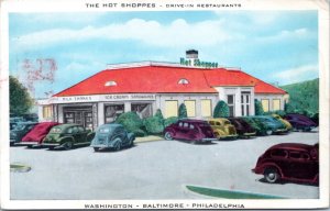 Postcard Hot Shoppes Drive-In Restaurants - old cars - DC Baltimore Philadelphia