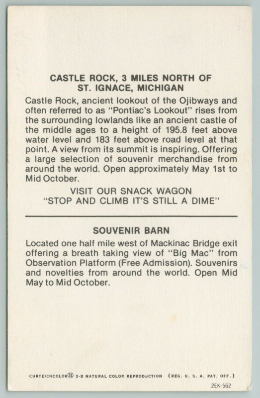 St Ignace Michigan~Castle Rock~Souvenir Barn~Vintage Postcard