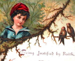 1880s Victorian Religious Card Bible Quote Child Cabin Birds F127